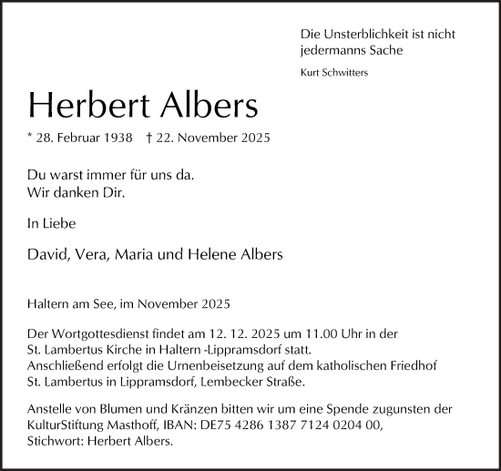 Traueranzeige von Herbert Albers von Ruhr Nachrichten und Halterner Zeitung