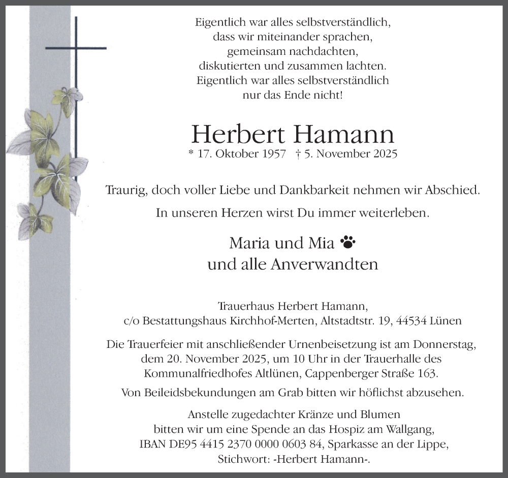 Traueranzeige für Herbert Hamann vom 15.11.2025 aus Ruhr Nachrichten