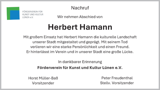 Traueranzeige von Herbert Hamann von Ruhr Nachrichten
