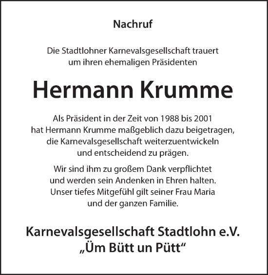 Traueranzeige von Hermann Krumme von Münsterland Zeitung