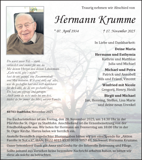 Traueranzeige von Hermann Krumme von Münsterland Zeitung