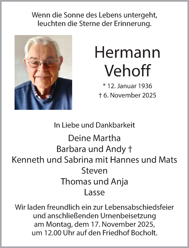  Traueranzeige für Hermann Vehoff vom 13.11.2025 aus 