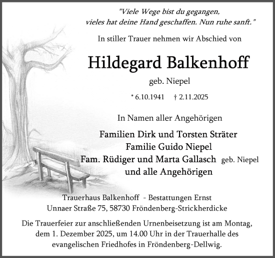 Traueranzeige von Hildegard Balkenhoff von Hellweger Anzeiger