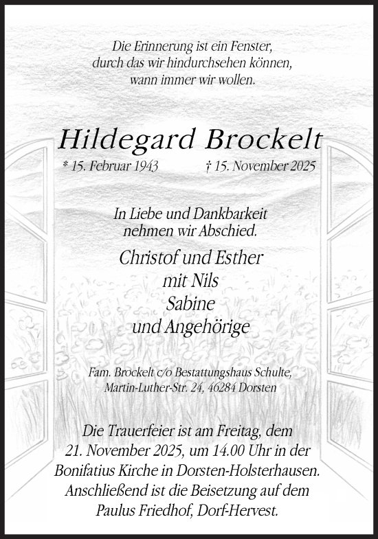 Traueranzeige von Hildegard Brockelt von Ruhr Nachrichten und Dorstener Zeitung