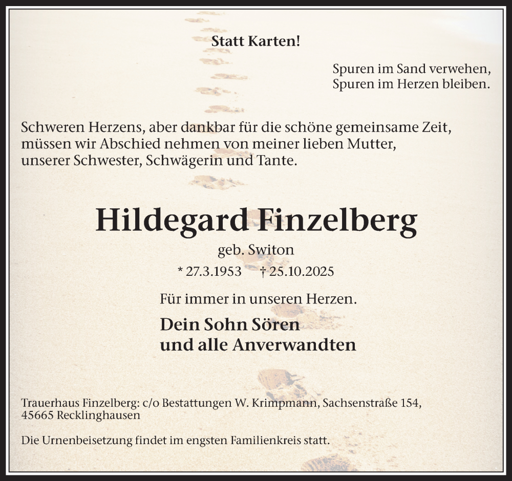  Traueranzeige für Hildegard Finzelberg vom 15.11.2025 aus Trauer Vest