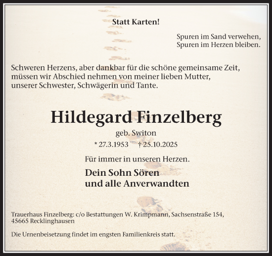 Traueranzeige von Hildegard Finzelberg von Trauer Vest