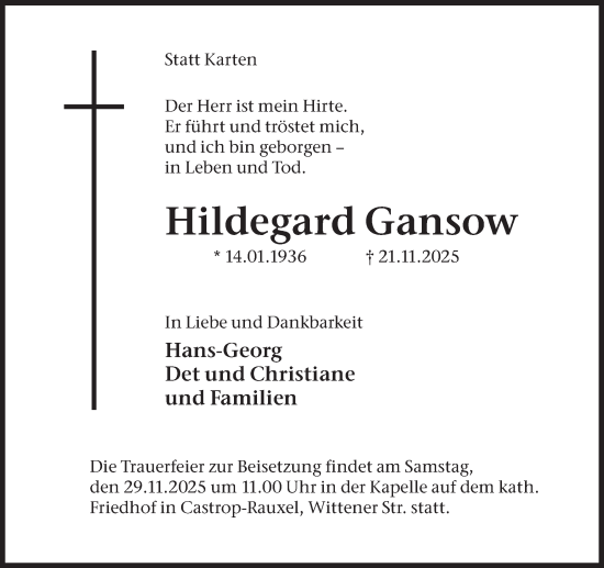 Traueranzeige von Hildegard Gansow von Ruhr Nachrichten