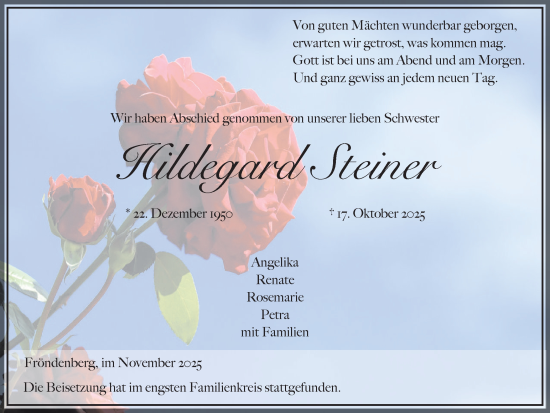 Traueranzeige von Hildegard Steiner von Hellweger Anzeiger