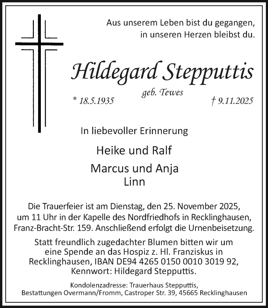  Traueranzeige für Hildegard Stepputtis vom 15.11.2025 aus Trauer Vest