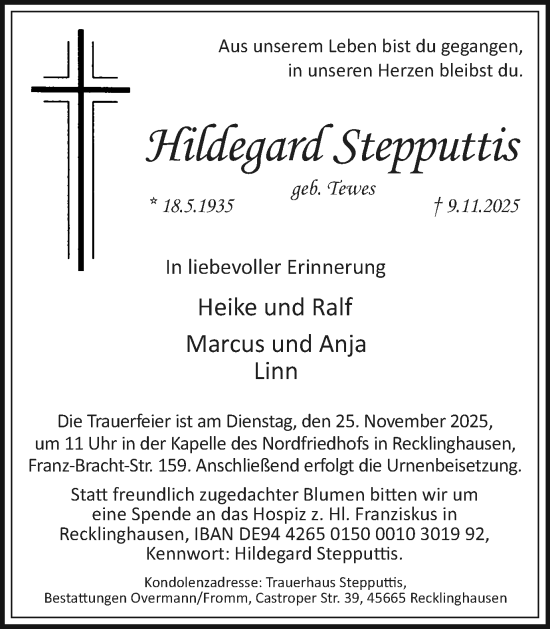 Traueranzeige von Hildegard Stepputtis von Trauer Vest