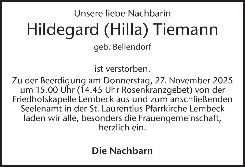  Traueranzeige für Hildegard Tiemann vom 25.11.2025 aus Ruhr Nachrichten und Dorstener Zeitung