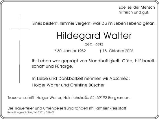 Traueranzeige von Hildegard Walter von Ruhr Nachrichten