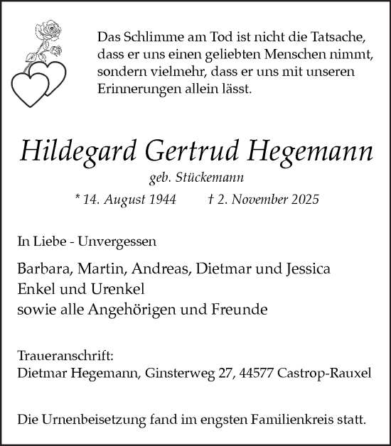 Traueranzeige von Hildegard Gertrud Hegemann von Stadtanzeiger Castrop-Rauxel