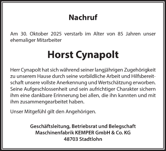 Traueranzeige von Horst Cynapolt von Münsterland Zeitung