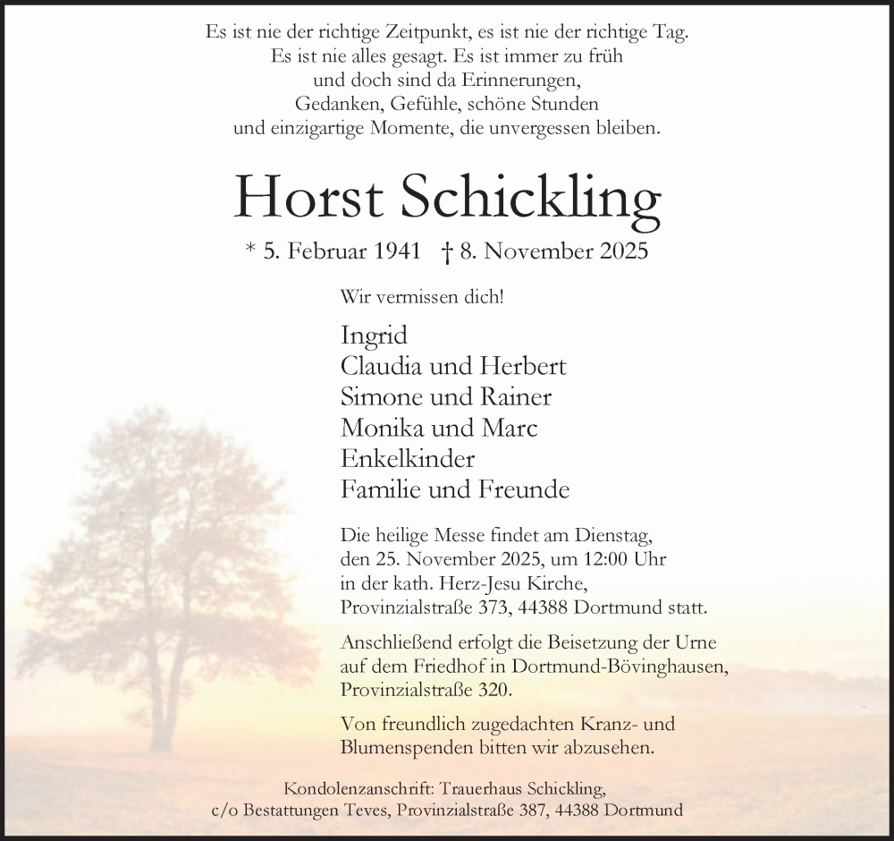  Traueranzeige für Horst Schickling vom 15.11.2025 aus Ruhr Nachrichten