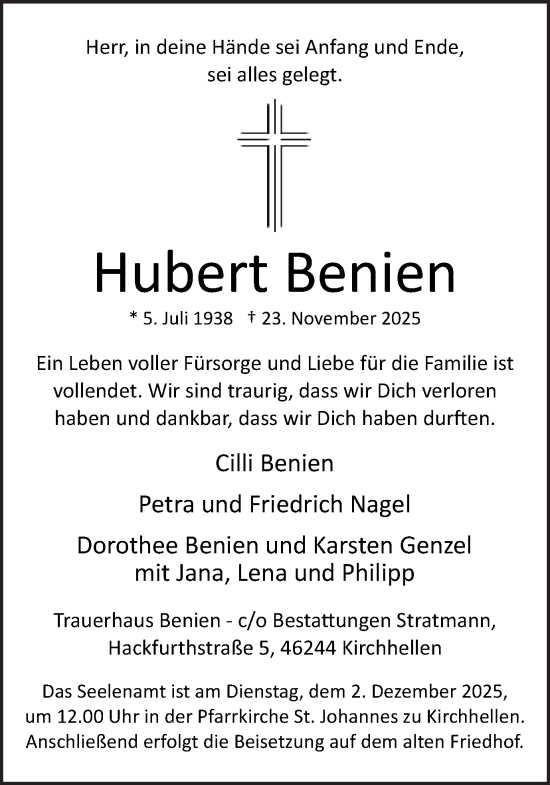 Traueranzeige von Hubert Benien von Ruhr Nachrichten und Dorstener Zeitung
