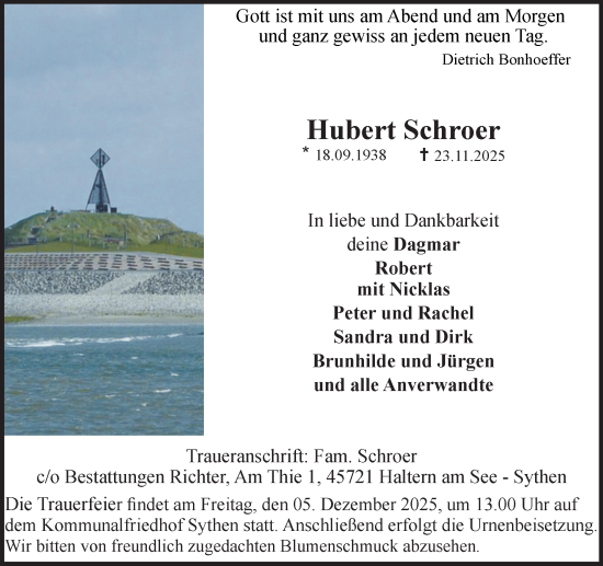Traueranzeige von Hubert Schroer von Ruhr Nachrichten und Halterner Zeitung