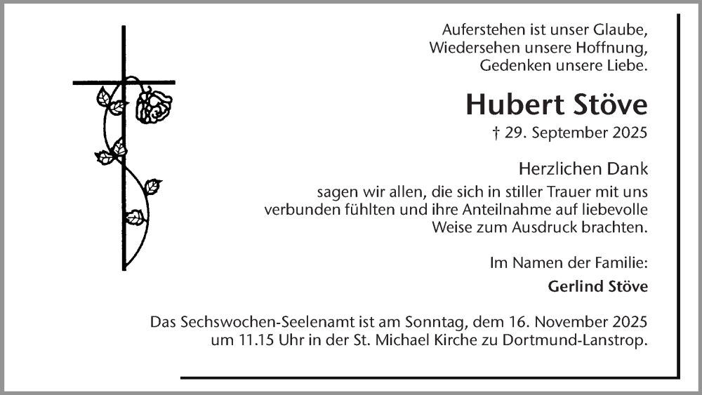  Traueranzeige für Hubert Stöve vom 08.11.2025 aus Ruhr Nachrichten