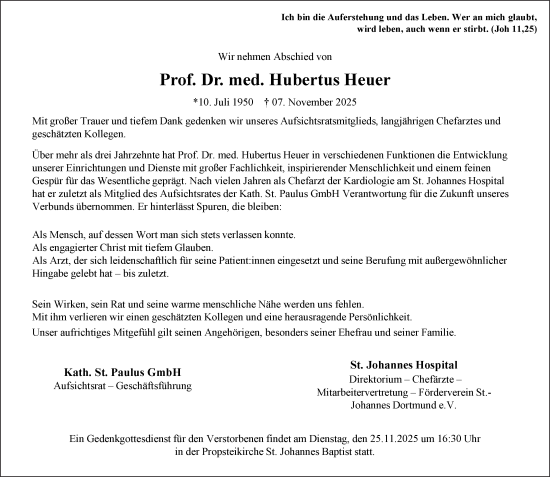 Traueranzeige von Hubertus Heuer von Ruhr Nachrichten