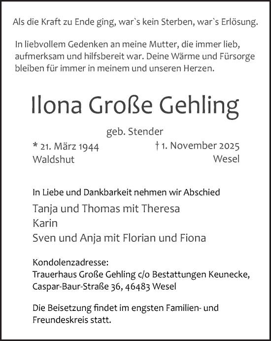 Traueranzeige von Ilona Große Gehling von Ruhr Nachrichten und Dorstener Zeitung