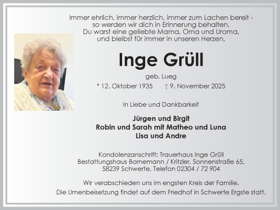 Traueranzeige von Inge Grüll von Ruhr Nachrichten