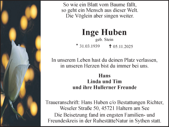 Traueranzeige von Inge Huben von Ruhr Nachrichten und Halterner Zeitung