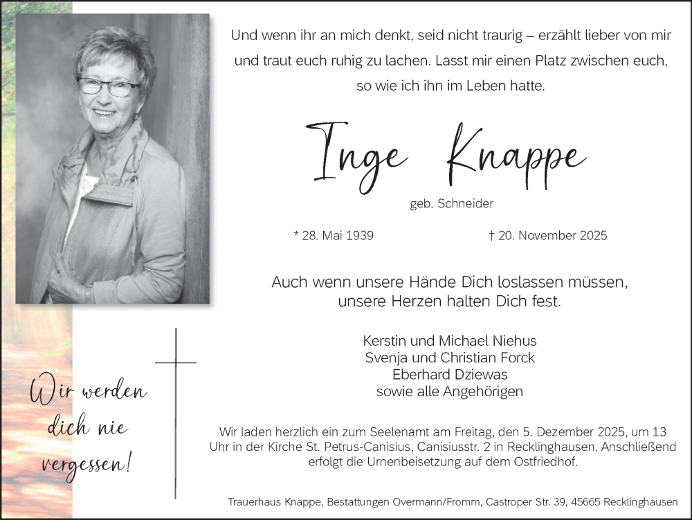  Traueranzeige für Inge Knappe vom 29.11.2025 aus Trauer Vest