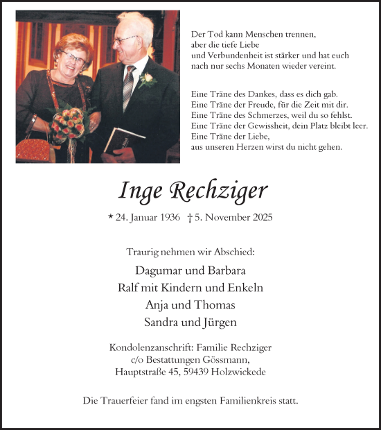 Traueranzeige von Inge Rechziger von Hellweger Anzeiger