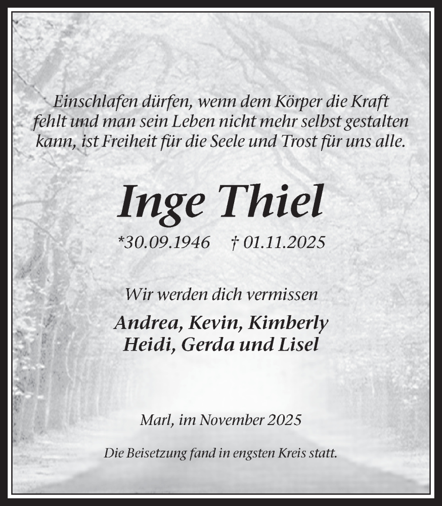  Traueranzeige für Inge Thiel vom 22.11.2025 aus Trauer Vest