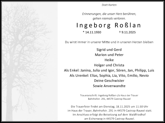 Traueranzeige von Ingeborg Roßlan von Stadtanzeiger Castrop-Rauxel