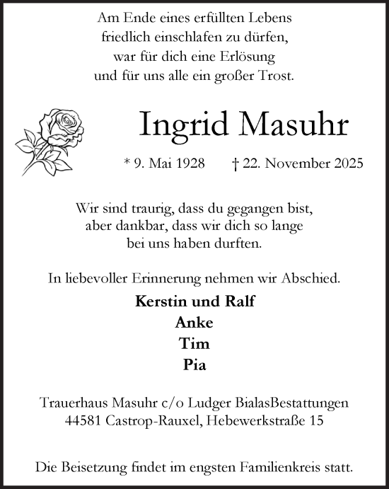 Traueranzeige von Ingrid Masuhr von Stadtanzeiger Castrop-Rauxel