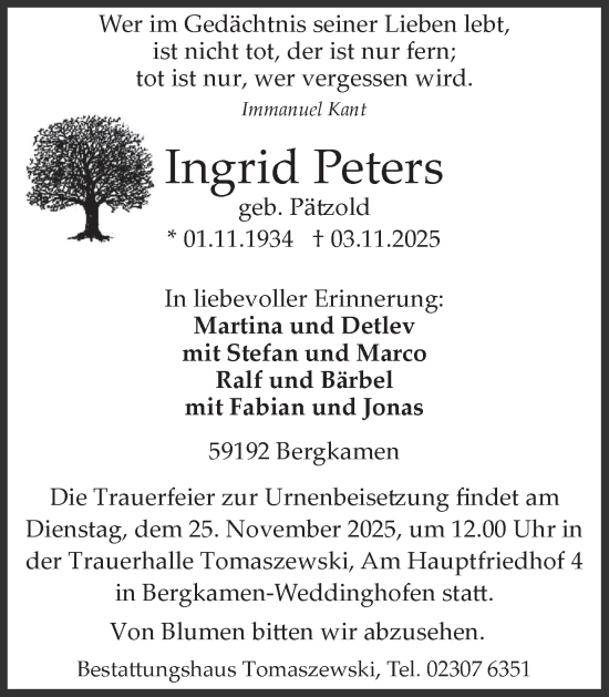 Traueranzeige von Ingrid Peters von Hellweger Anzeiger