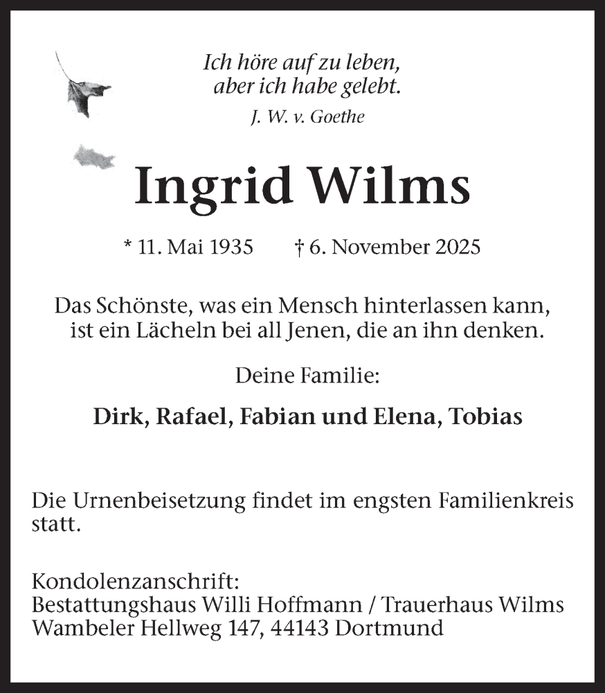  Traueranzeige für Ingrid Wilms vom 15.11.2025 aus Ruhr Nachrichten