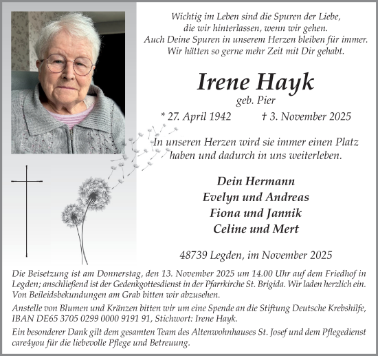 Traueranzeige von Irene Hayk von Münsterland Zeitung
