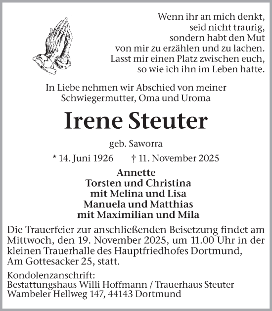 Traueranzeige von Irene Steuter von Ruhr Nachrichten