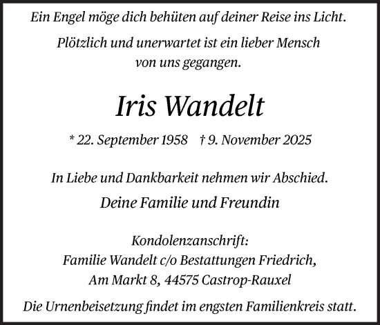 Traueranzeige von Iris Wandelt von Stadtanzeiger Castrop-Rauxel