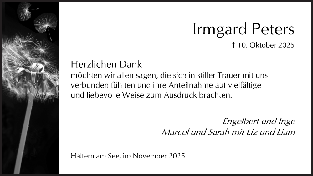  Traueranzeige für Irmgard Peters vom 22.11.2025 aus Ruhr Nachrichten und Halterner Zeitung