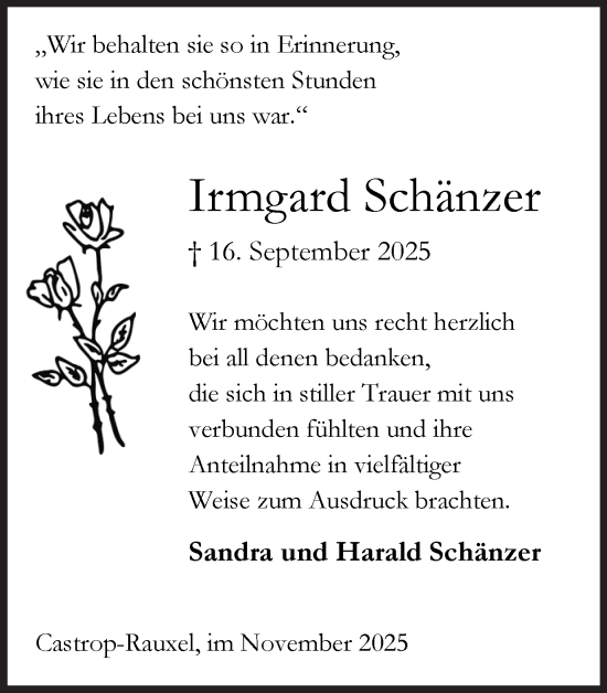 Traueranzeige von Irmgard Schänzer von Stadtanzeiger Castrop-Rauxel