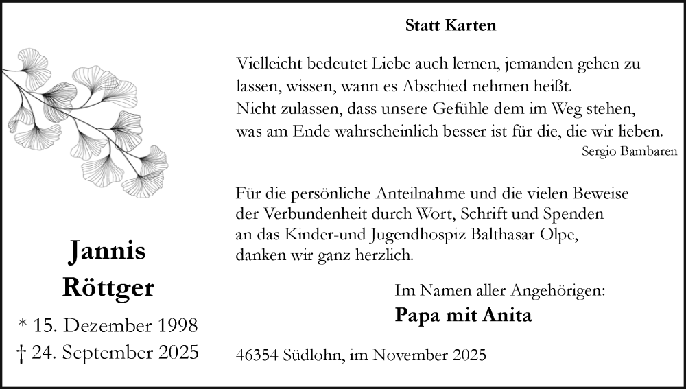  Traueranzeige für Jannis Röttger vom 15.11.2025 aus Münsterland Zeitung