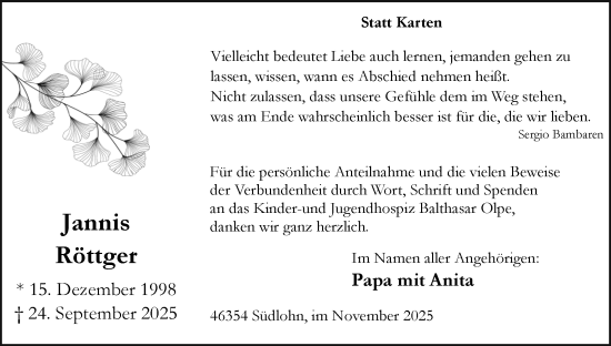 Traueranzeige von Jannis Röttger von Münsterland Zeitung