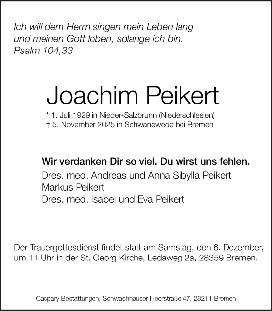 Traueranzeige von Joachim Peikert von Ruhr Nachrichten