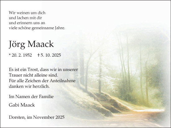 Traueranzeige von Jörg Maack von Ruhr Nachrichten und Dorstener Zeitung
