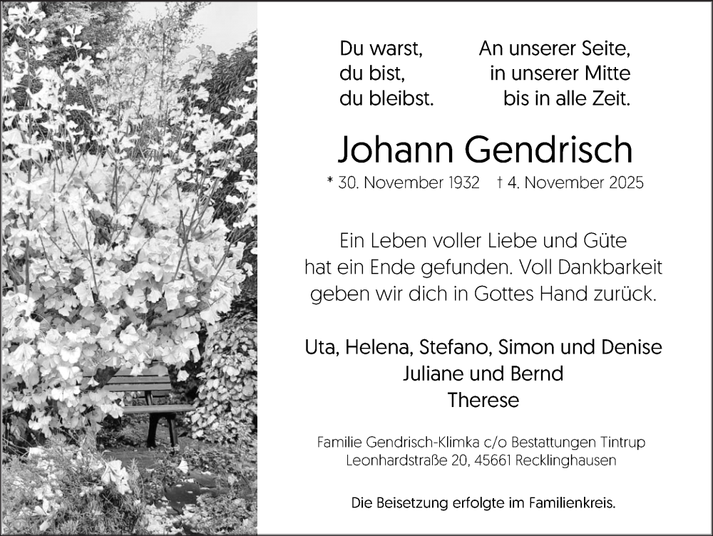  Traueranzeige für Johann Gendrisch vom 22.11.2025 aus Trauer Vest