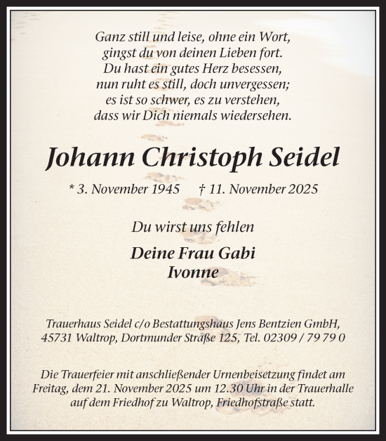 Traueranzeige von Johann Christoph Seidel von Trauer Vest