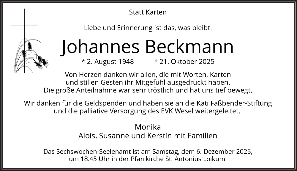  Traueranzeige für Johannes Beckmann vom 01.12.2025 aus 
