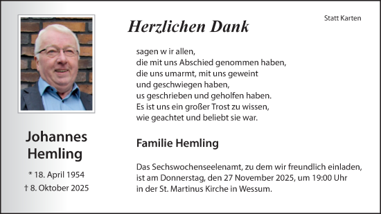 Traueranzeige von Johannes Hemling von Münsterland Zeitung
