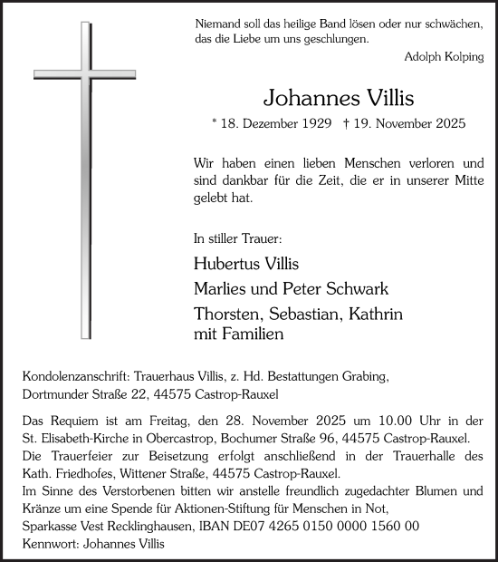 Traueranzeige von Johannes Villis von Ruhr Nachrichten