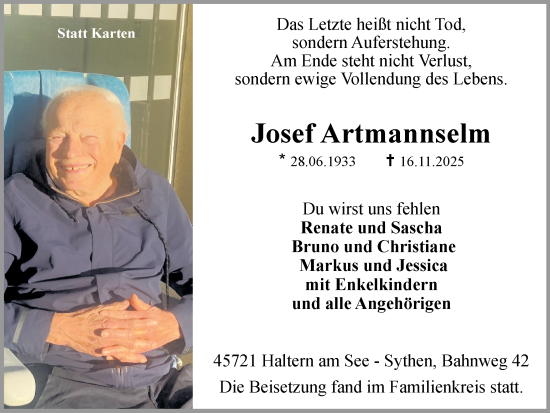 Traueranzeige von Josef Artmannselm von Ruhr Nachrichten und Halterner Zeitung