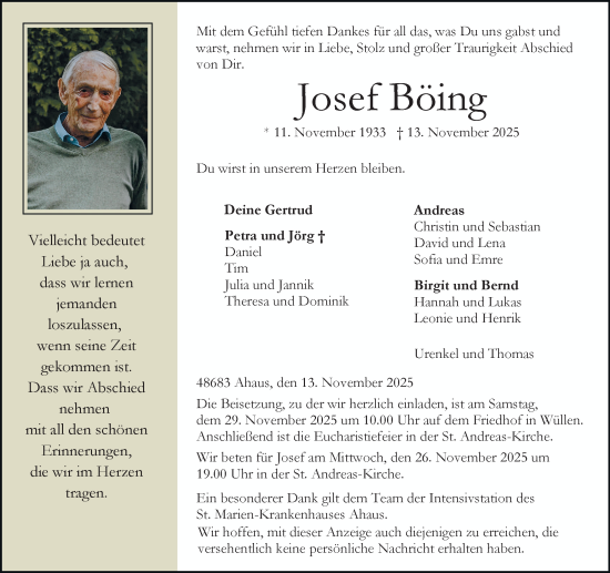 Traueranzeige von Josef Böing von Münsterland Zeitung