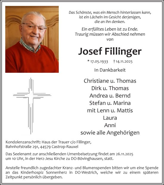 Traueranzeige von Josef Fillinger von Ruhr Nachrichten